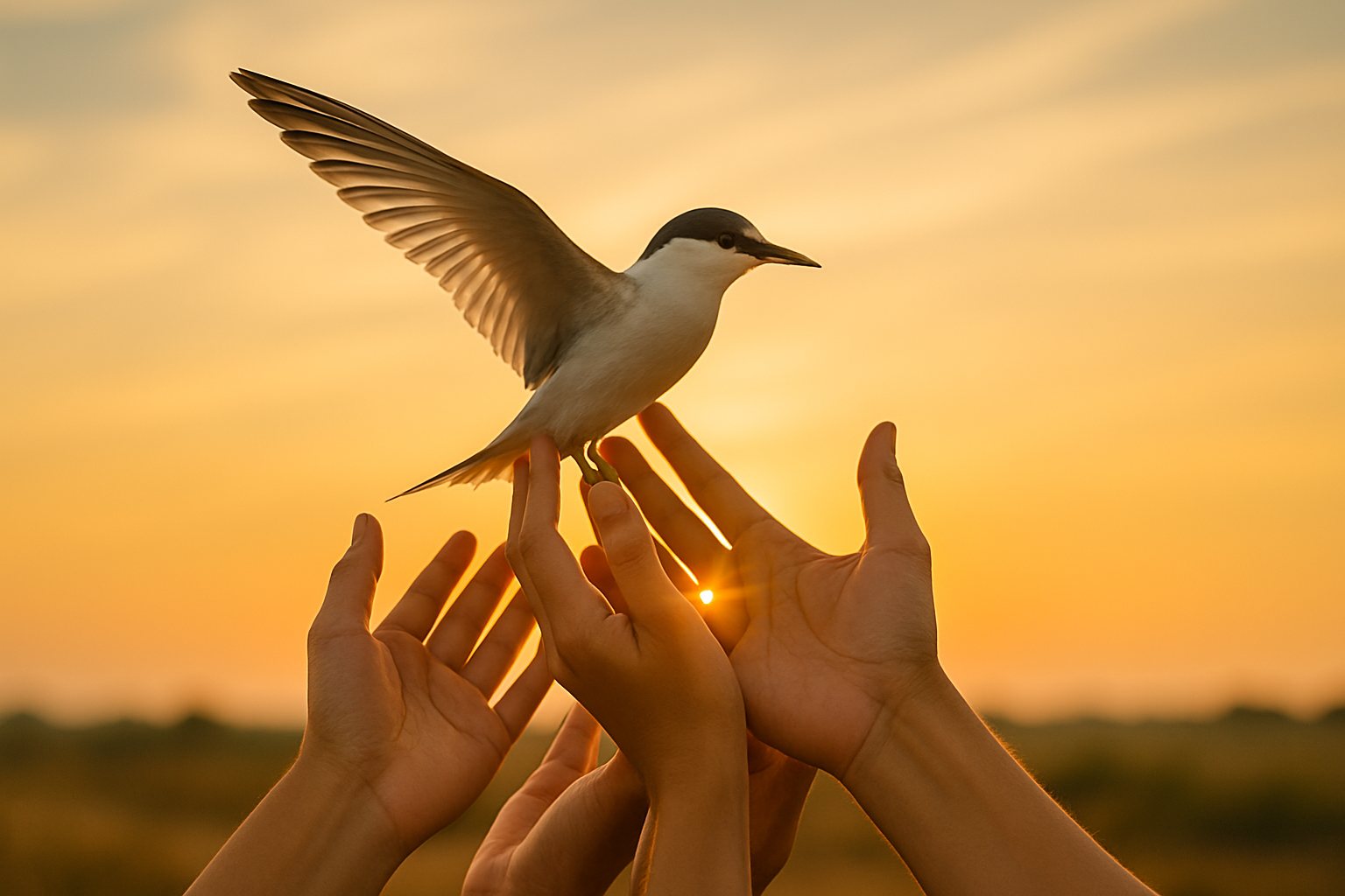 Many hands lifting an Arctic Tern at sunset
